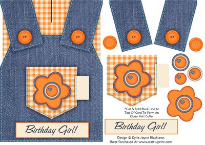 Country Overalls Denim Orange - Birthday Girl - Card