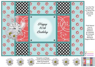 Aqua and Peach - 80th Birthday - Tri Shutter Card