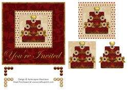 Red & Gold Wedding Cake - You're Invited - Pyramid Card