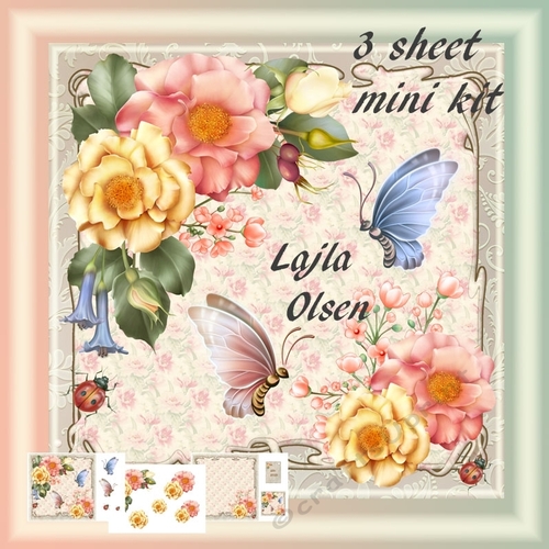 Pink and yellow roses and butterflies
