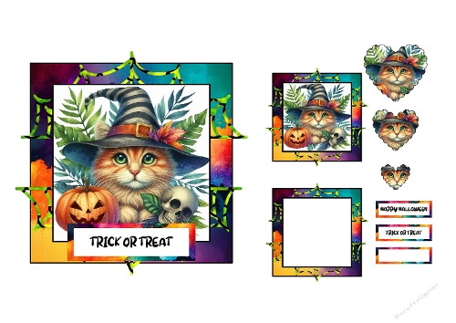 Cute Halloween Cat in Witch Hat with Pumpkins and Skulls – Colorful Illustration