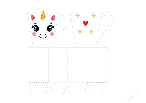 3D Mug Template with Cute Unicorn Face, Heart and Stars