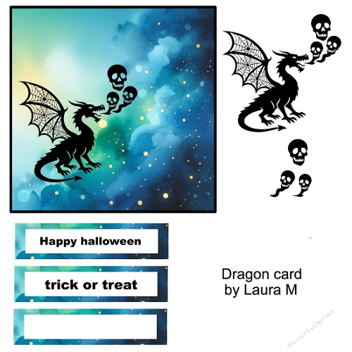 3D Halloween Card Sheet with Black Dragon, Skulls, and Starry Night