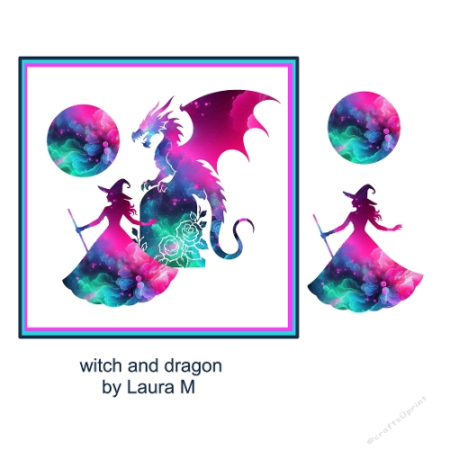 Vibrant 3D Card Illustration of Witch and Dragon in Cosmic Dance with Pink Border