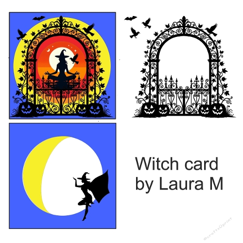 Witch Silhouette on Broomstick under Crescent Moon with Ornate Gates – 3D Card Sheet