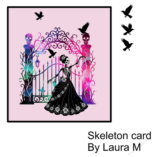 Skeletal Woman in Flowing Black Dress with Colorful Skulls, Birds, and Ornate Gates – 3D Card Sheet