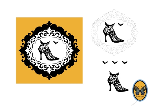 3d card Black High-Heeled Shoe with Ornate Patterns on Mustard Yellow Background – Digital Illustration