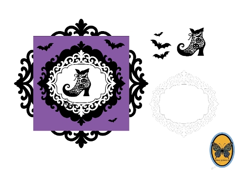 Purple Witch Card with Ornate Black Frame, Bats, and Stylized Cat – 3D Halloween Design