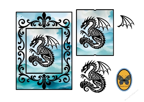 3D Dragon Silhouette Card with Teal Watercolor Background and Ornate Frame