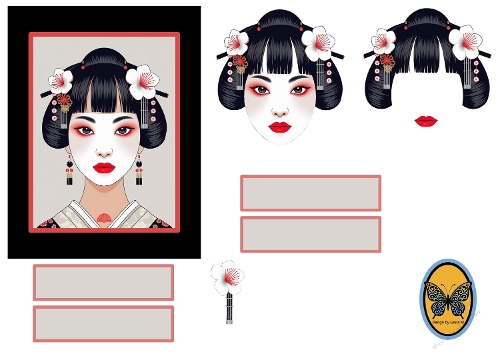 3D Card Topper – Japanese Woman in Kimono with Floral Accessories & Butterfly Emblem