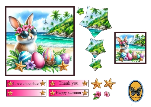 3D Card Topper – Cute Bunny with Sunglasses, Tropical Beach & Summer Thank You Design