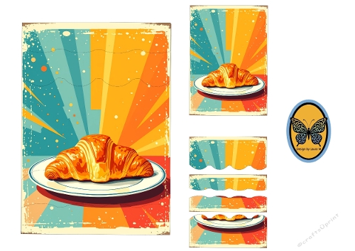 3D Card Kit – Vintage Croissant on Plate with Retro Sunburst Background