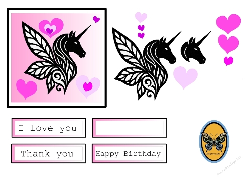 3D Card Kit – Black Butterfly Unicorn Silhouette with Hearts & Pink Background