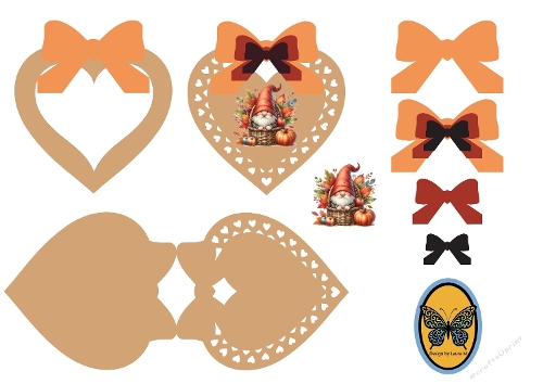 3D Card – Heart-Shaped Craft Template with Gnome Figure, Bows, and Butterfly Emblem