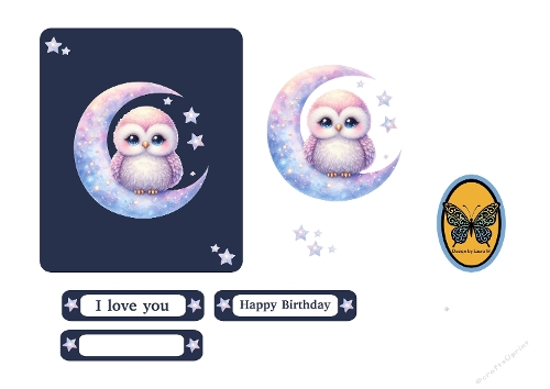 3D Card – Cute Pastel Owl with Moon, Stars, Love and Birthday Text, and Butterfly Emblem