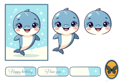 3D Card Kit – Cute Baby Dolphins with Happy Birthday & Love Text