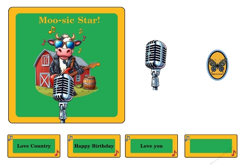 3D Card Kit – Cool Cartoon Cow with Guitar, Microphone and Barn