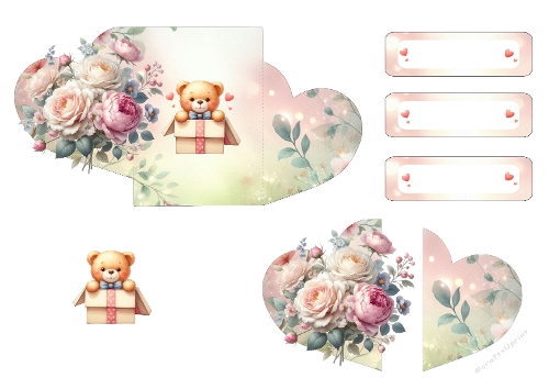 3D Card Kit – Heart Shaped Card with Teddy Bear and Pastel Flowers