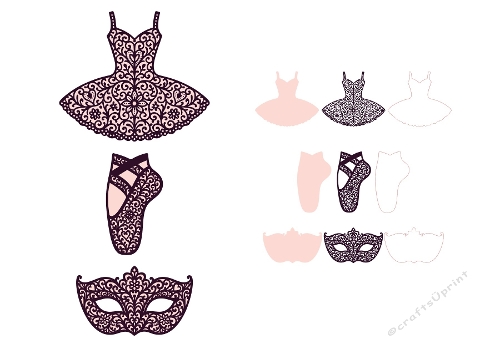 Intricate Black Lace Tutu, Ballet Slipper, and Masquerade Mask Craft Designs