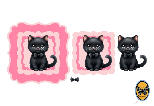 3D Card Kit – Cute Black Cartoon Cat with Pink Bowtie on Scalloped Background