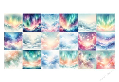 Kit of 25 Ethereal Watercolor Backgrounds – Snowy Landscapes, Soft Blue & Purple Hues, 1024x1024px JPEGs