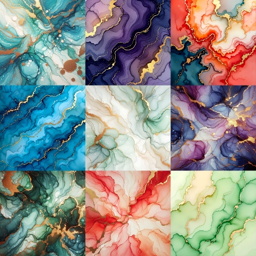 Kit of 10 Marbled Pattern Backgrounds – 1050x1050px JPEGs in Blue, Purple, Gold, Red & Green