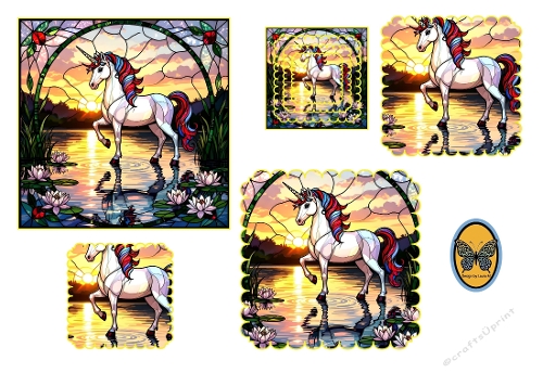 3D Card Kit Unicorn Stained Glass – White Unicorn in Serene Pond Digital Illustration