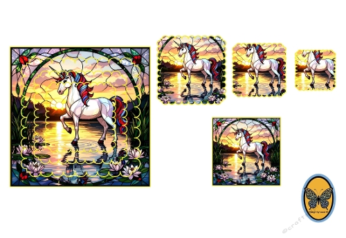 3D Card Kit Unicorn Stained Glass – White Unicorn in Serene Pond Digital Illustration