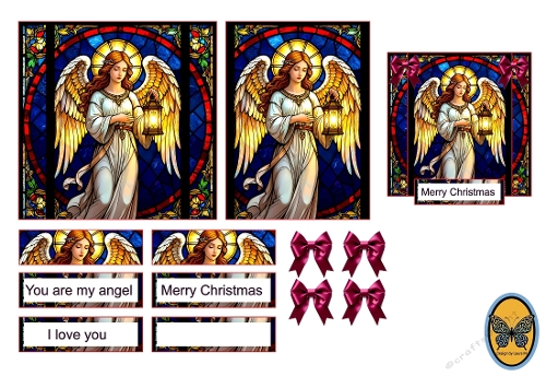 3D Card Kit Angel Stained Glass – Golden-Winged Angel Holding Lantern Digital Illustration