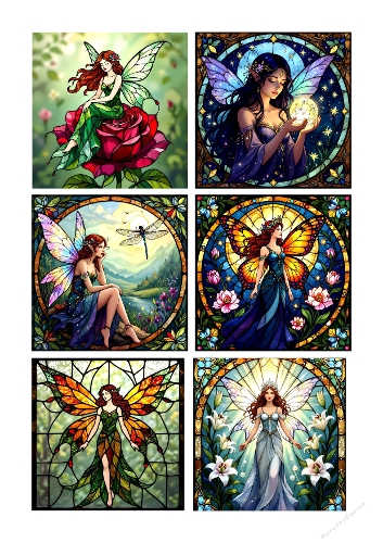 Stained Glass Fairy Sheet – 6 Beautiful Fairies with Flowers and Dragonfly A4
