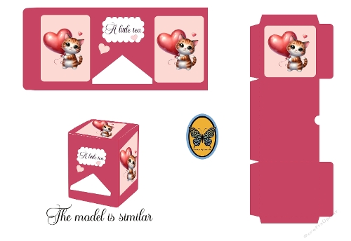3D Tea Box Kit – Adorable Cat Watercolor with Heart Digital Illustration
