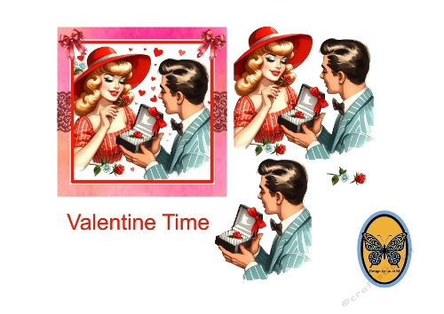 Vintage Valentines Card – Woman in Red Dress Presenting Ring to Man in Striped Suit