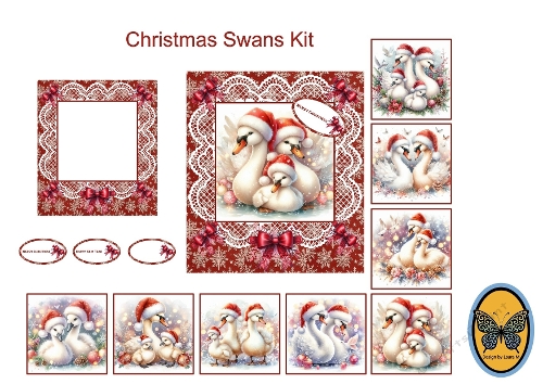 3D Christmas Swan Card Kit – 8 Inserts with Swans, Red Bows & Lace Patterns