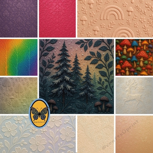 Embossed Nature & Abstract Paper Kit – 10 Designs with Trees, Mushrooms, Floral & Gradient Patterns (1024x1024)