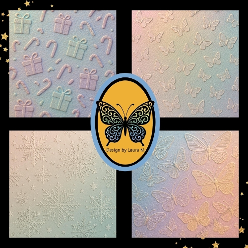 Pastel Embossed Paper Kit – Candy Canes, Butterflies, Snowflakes & Presents with Black Border (4 Designs, 1024x1024)
