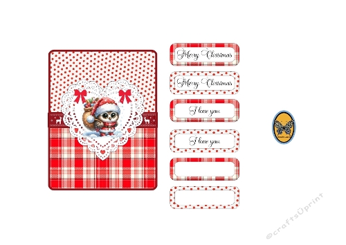 3D Card Kit – Cute Santa Claus owl with Red & White Plaid and Christmas Text