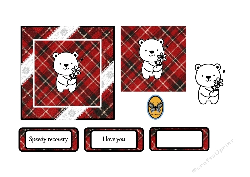 3D Card Kit – White Bear with Flower on Red Plaid & Lace