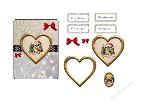 3D Card Kit – Christmas Heart Ornament with Owl in Santa Hat & Red Bows