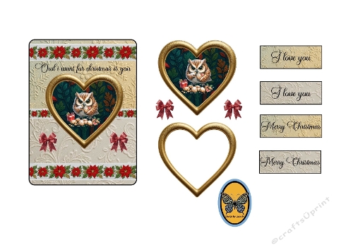 3D Card Kit – Christmas Owl in Heart Frame with Poinsettias & Sentiments