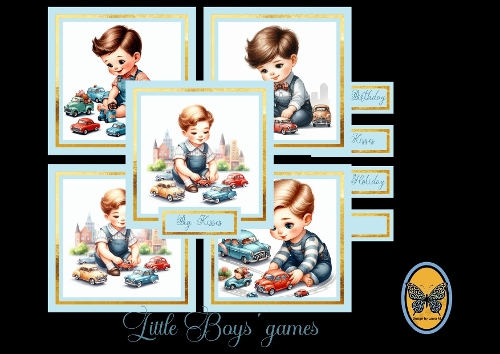 Vintage 3D Card Kit – Little Boys with Toy Cars (5 Inserts & 4 Flags)