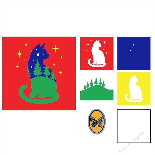 Kit 3D Layered SVG – Cat Silhouette with Mountains, Pine Trees & Stars