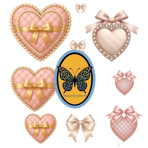 Kit Clipart – Pink & Beige Heart Decorations with Bows and Pearls (Romantic Scrapbooking)