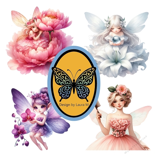 Kit Clipart – Four Pastel Fairies with Floral & Butterfly Motifs