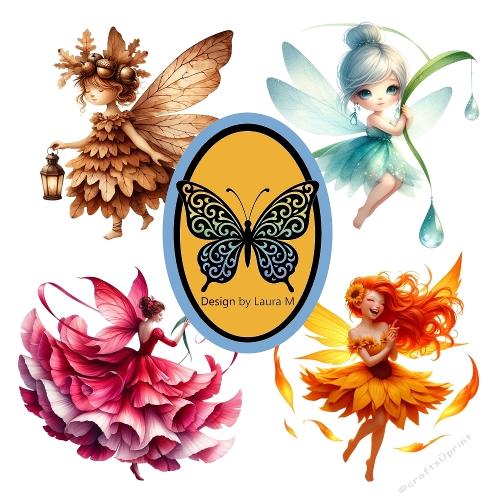 Kit Clipart – Four Colorful Fairy Characters with Unique Outfits & Accessories