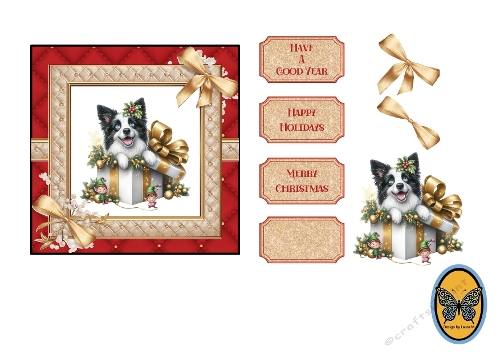 3D Christmas Card Kit – Cute Black & White Dog with Bow & Holly