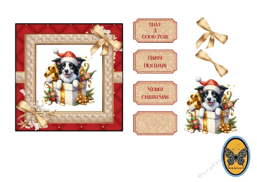 Kit 3D Card – Border Collie Watercolor Christmas with Santa Hat