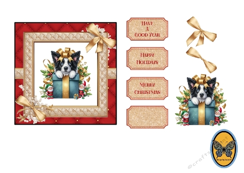 Kit 3D Card – Border Collie Watercolor Christmas with Santa Hat