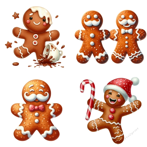 Kit 4 Watercolor Festive Gingerbread Men – Christmas Clipart (PNG & JPEG 2000x2000 px Sheet)