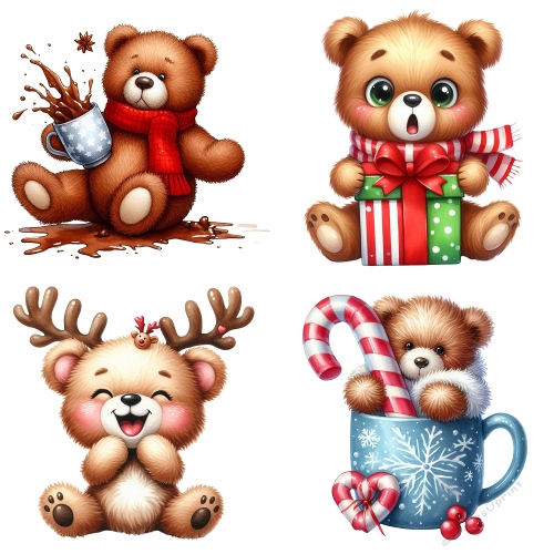 Kit 4 Watercolor Teddy Bears – Christmas Clipart (PNG & JPEG 2000x2000 px Sheet)