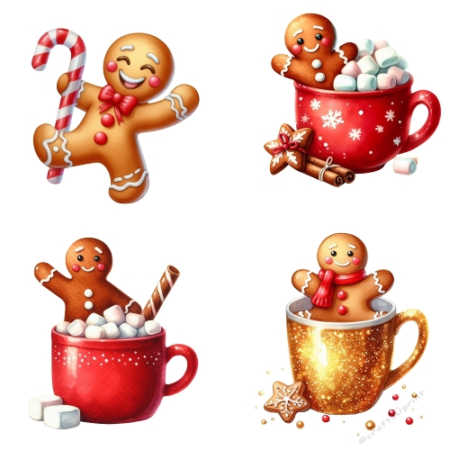 Kit 4 Watercolor Gingerbread Men – Christmas Clipart (PNG & JPEG 2000x2000 px Sheet)